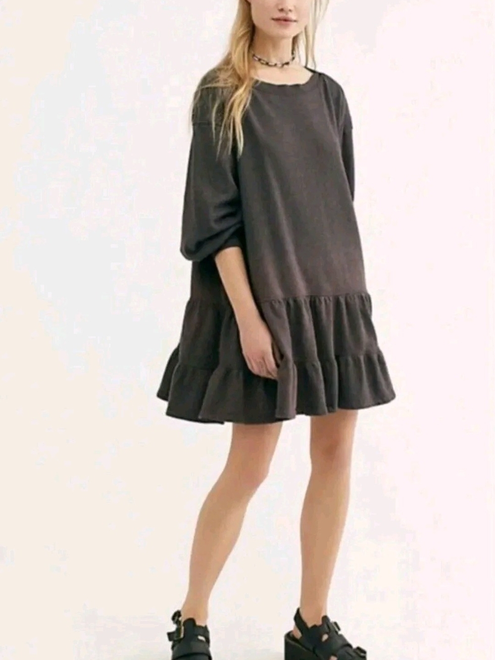 We The Free Charcoal Ombre Ruffle Hem Sweatshirt Dress - Picture 1 of 4